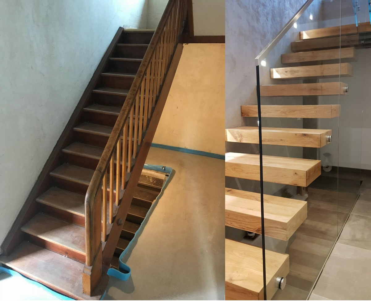 Treppenaustausch: alte Holztreppe vorher, freitragende Treppe nachher