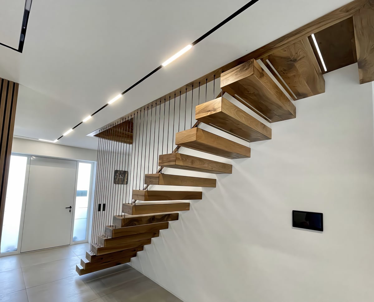 Kragarmtreppe Ramstein-Miesenbach, Nussbaum europäisch, LED-Beleuchtung