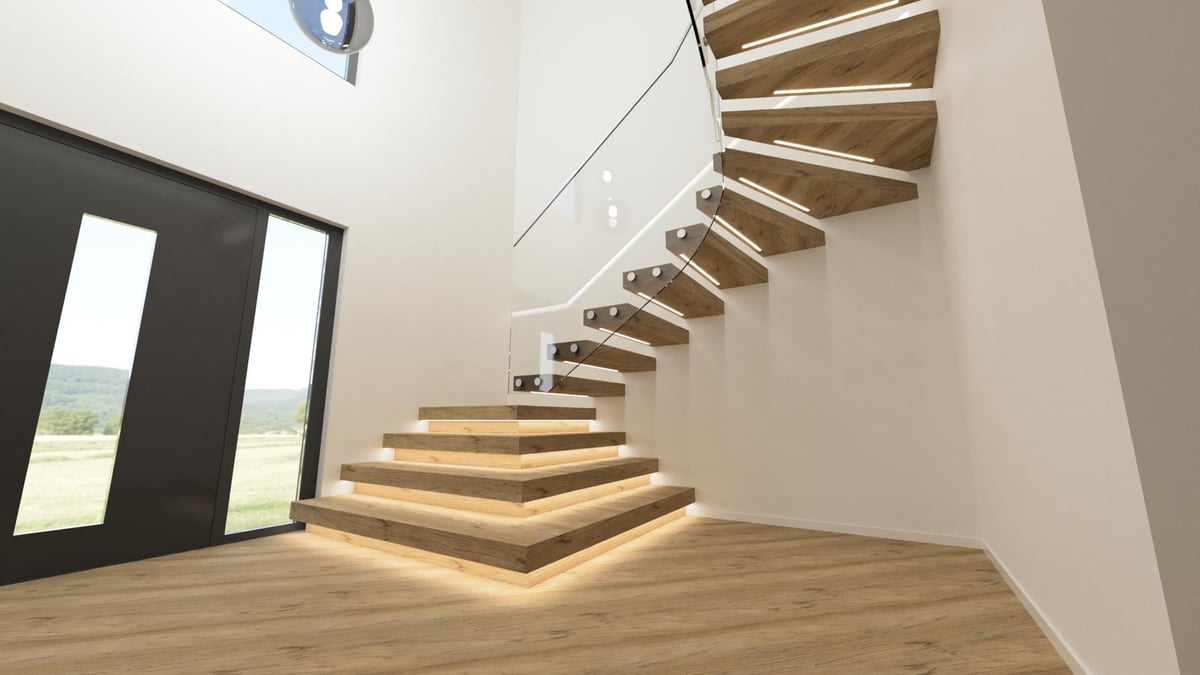 Kragarmtreppe in Massiveiche in Usingen, Taunus, schwebende Bauweise